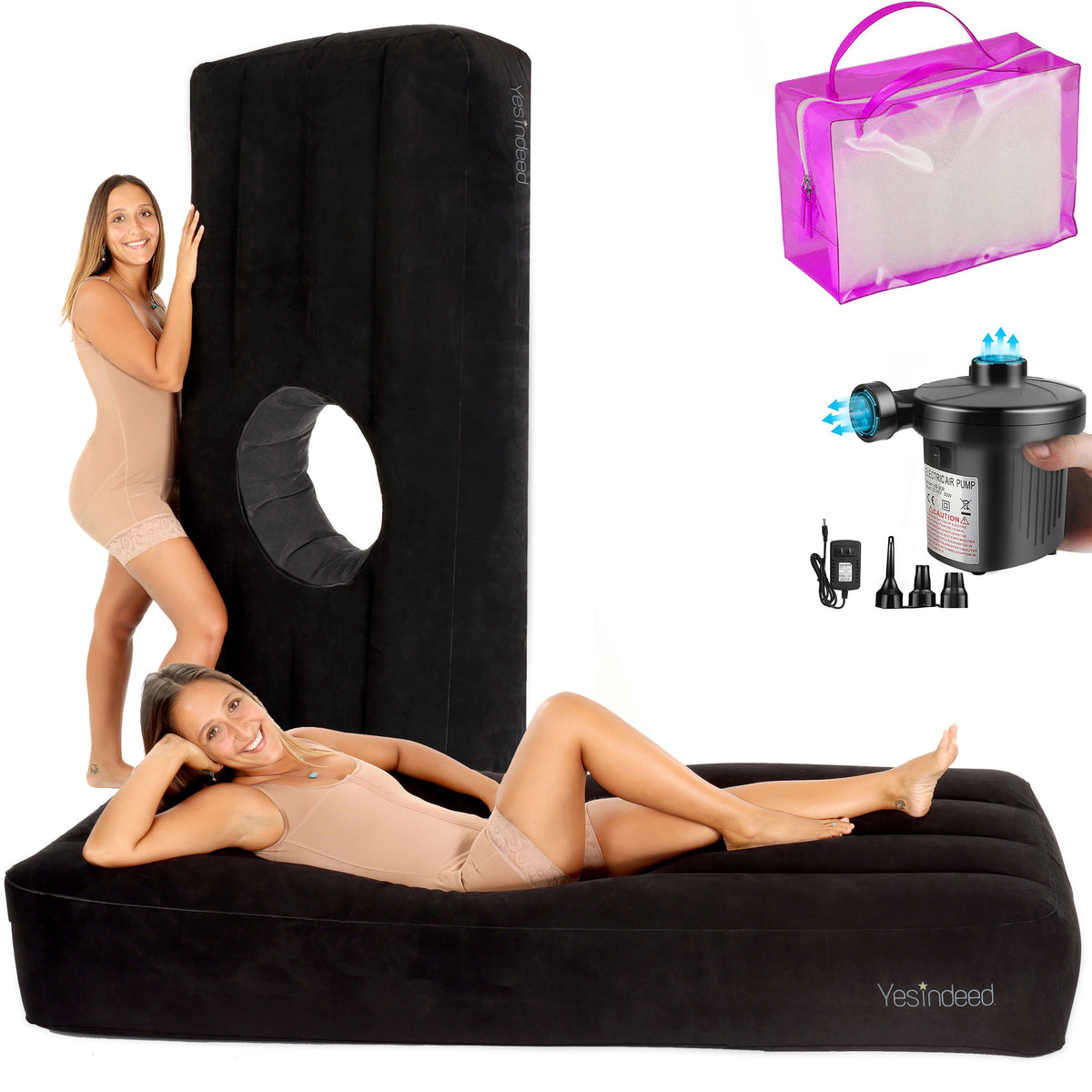 Black Yesindeed inflatable mattress shown with its separate pump and carrying bag