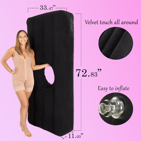 Black Yesindeed inflatable mattress with its listed dimensions, surface and valve details
