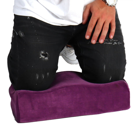 Purple Yesindeed kneeling pad shown beneath a model’s knees