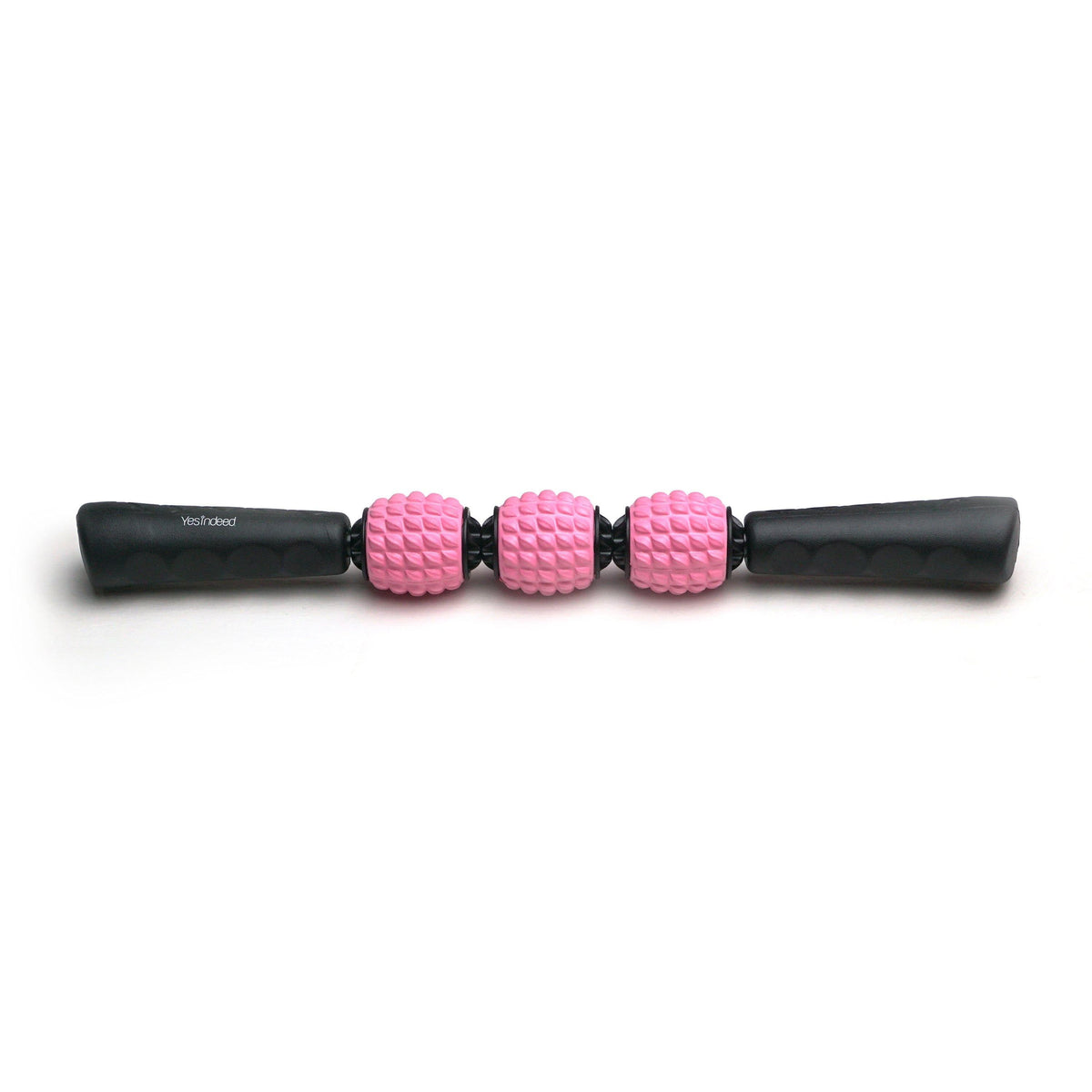 Yesindeed handheld roller with black handles and three pink textured heads on a white background