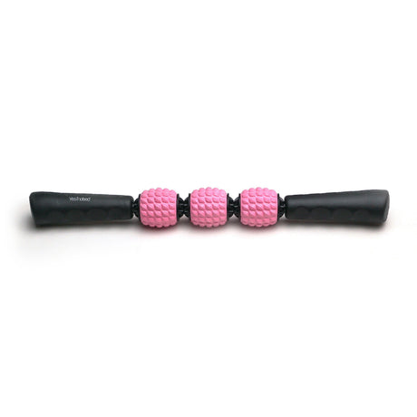 Yesindeed handheld roller with black handles and three pink textured heads on a white background