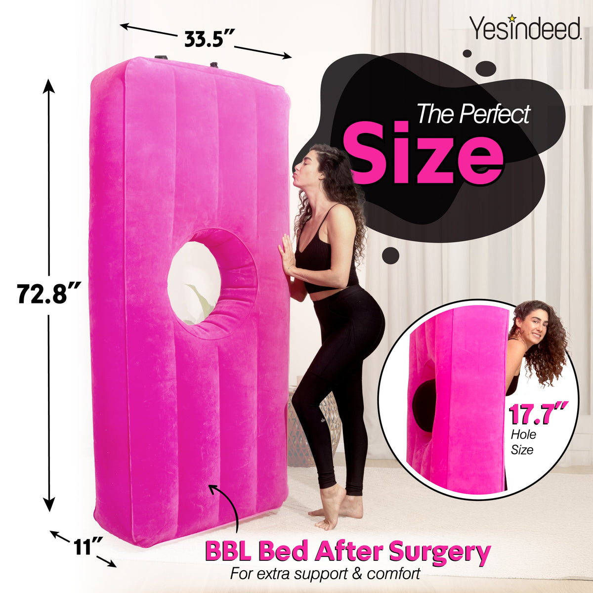 Yesindeed pink inflatable mattress product diagram showing overall dimensions and the central opening measurement