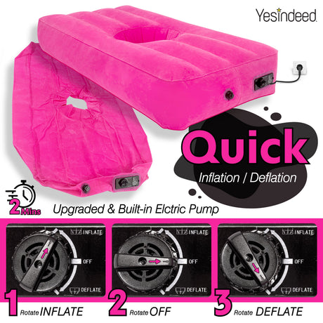 Pink Yesindeed mattress gallery showing its pump controls and inflated and packed forms