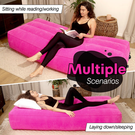 Pink Yesindeed inflatable bed shown in several furnished room settings
