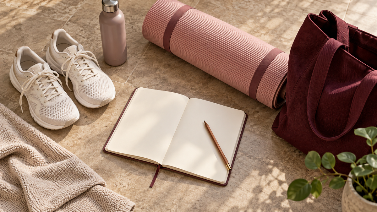 Wordless activity planning illustration with trainers, a rolled mat, tote and notebook