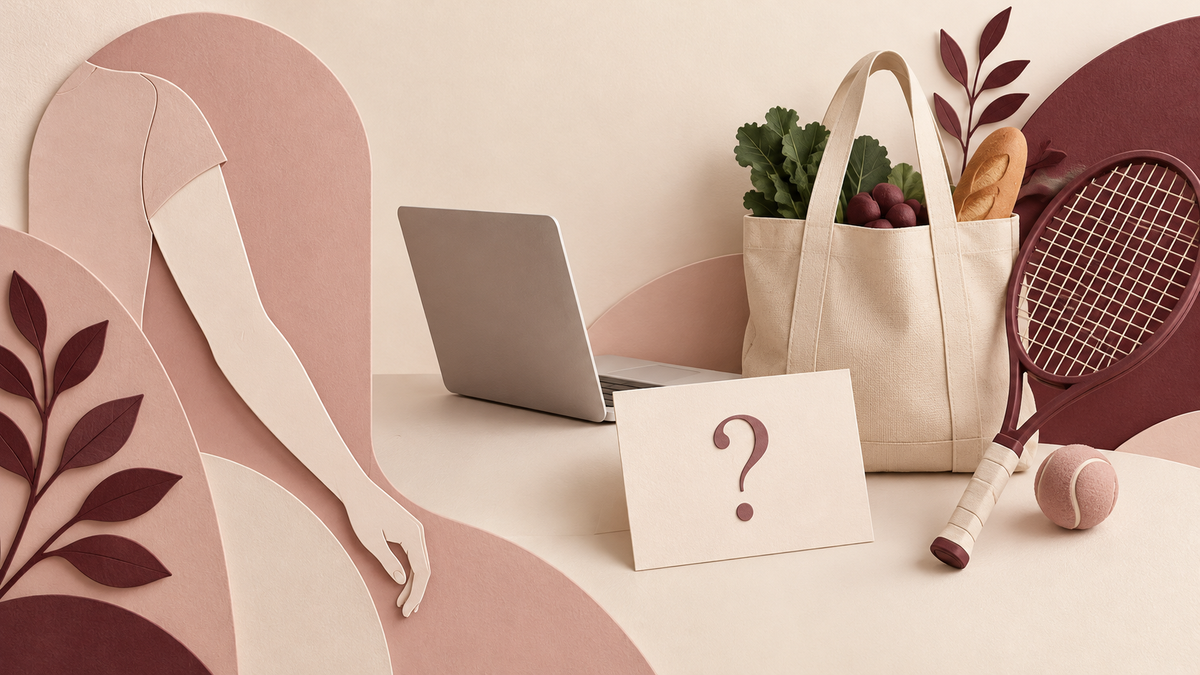 Illustration of an arm outline beside a laptop, grocery bag and tennis racket for organizing everyday activity questions