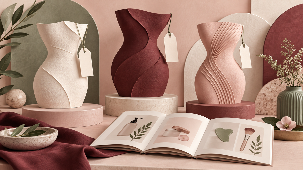 Three abstract contour sculptures with blank tags and an open catalog for comparing beauty terminology