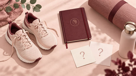 Wordless illustration of a chin profile, activity planner and walking shoes for organizing consultation questions