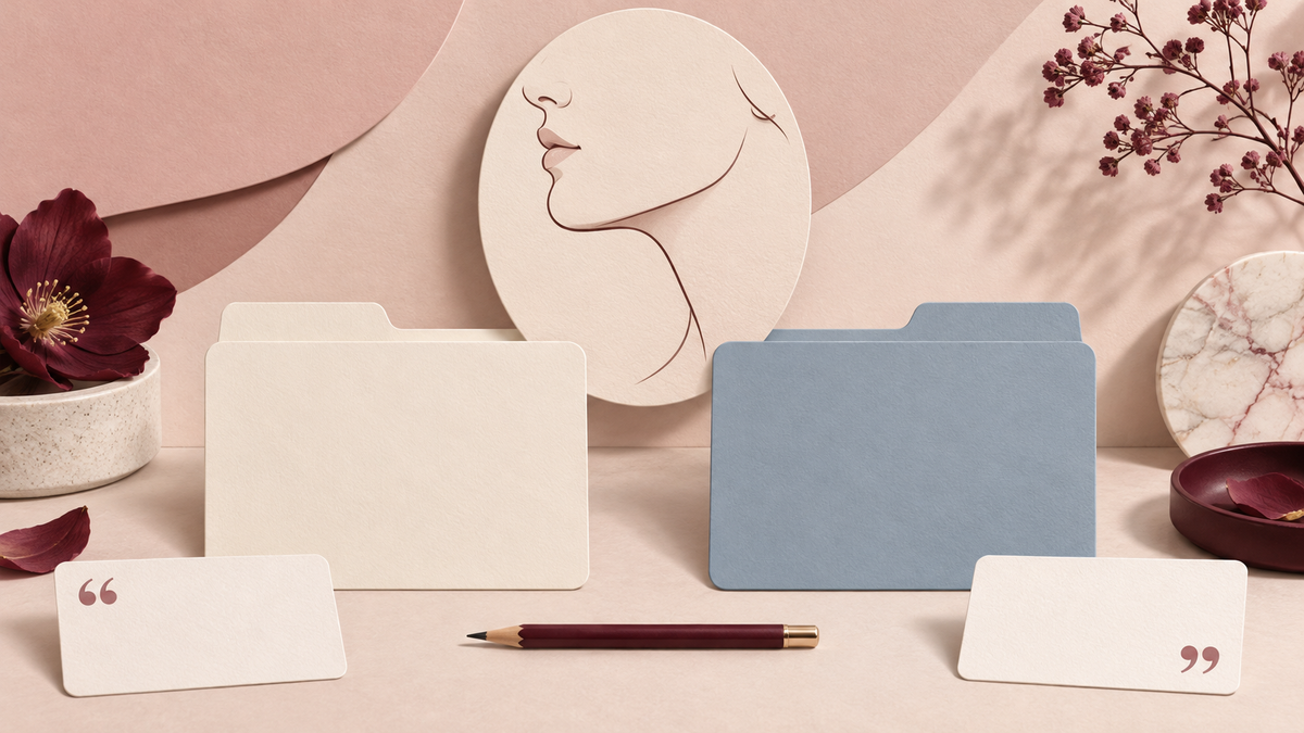 Neutral chin-profile drawing above two comparison folders and quotation cards