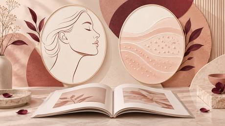 Wordless profile illustration and an abstract surface-texture panel beside a beauty magazine
