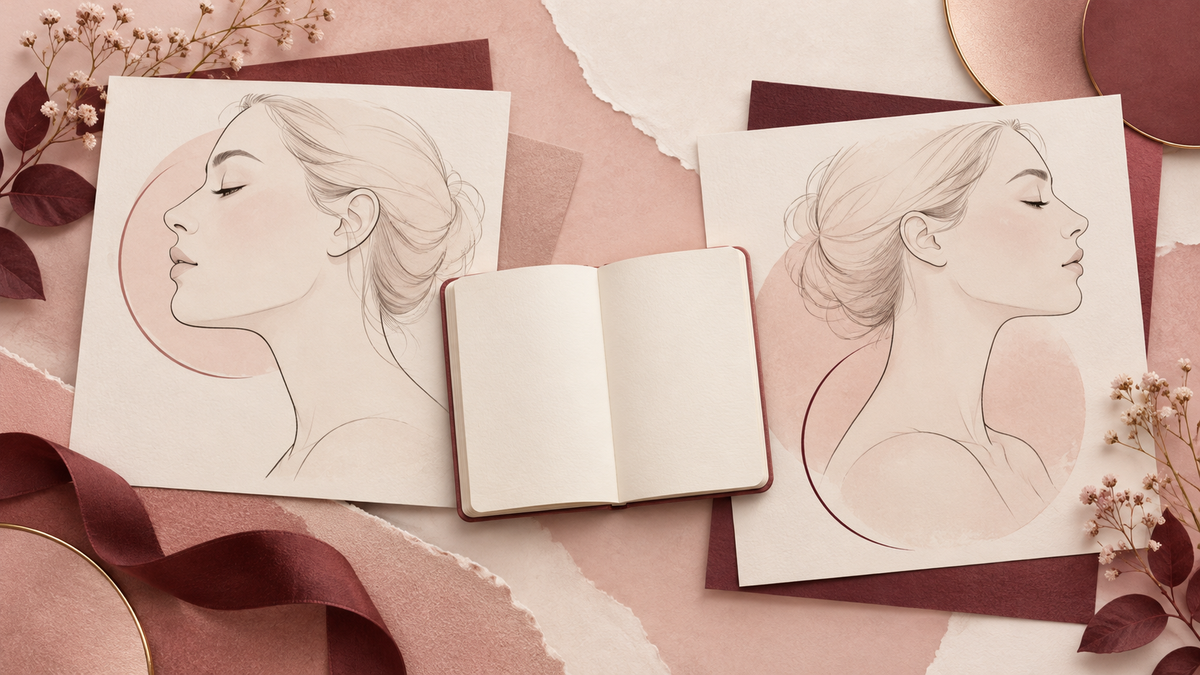Two profile drawings emphasizing chin and neck beside a blank comparison notebook