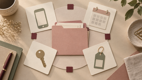 Wordless planning folder with separate contact, appointment, home and product note cards