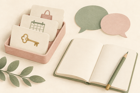 Wordless topic cards and speech bubbles representing organized BBL questions