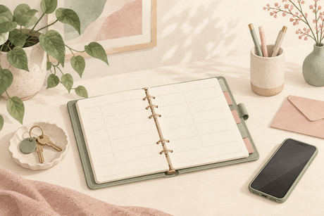 Wordless home desk illustration with a planner, phone, keys and envelope for everyday arrangements