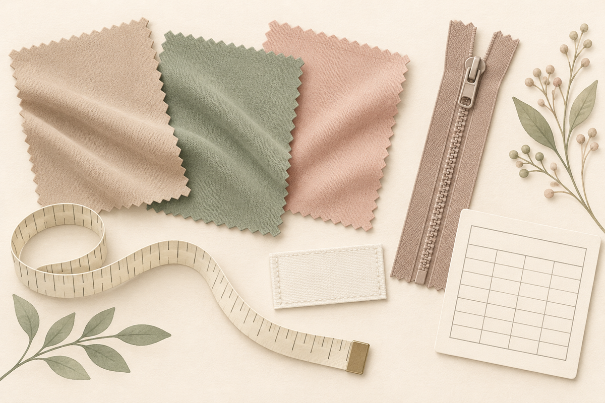 Wordless garment specification illustration with fabric swatches, zipper, measuring tape and blank care label
