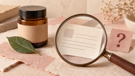 Unbranded jar and leaf beside a source card, magnifying glass and question mark, illustrating scrutiny of home-remedy claims