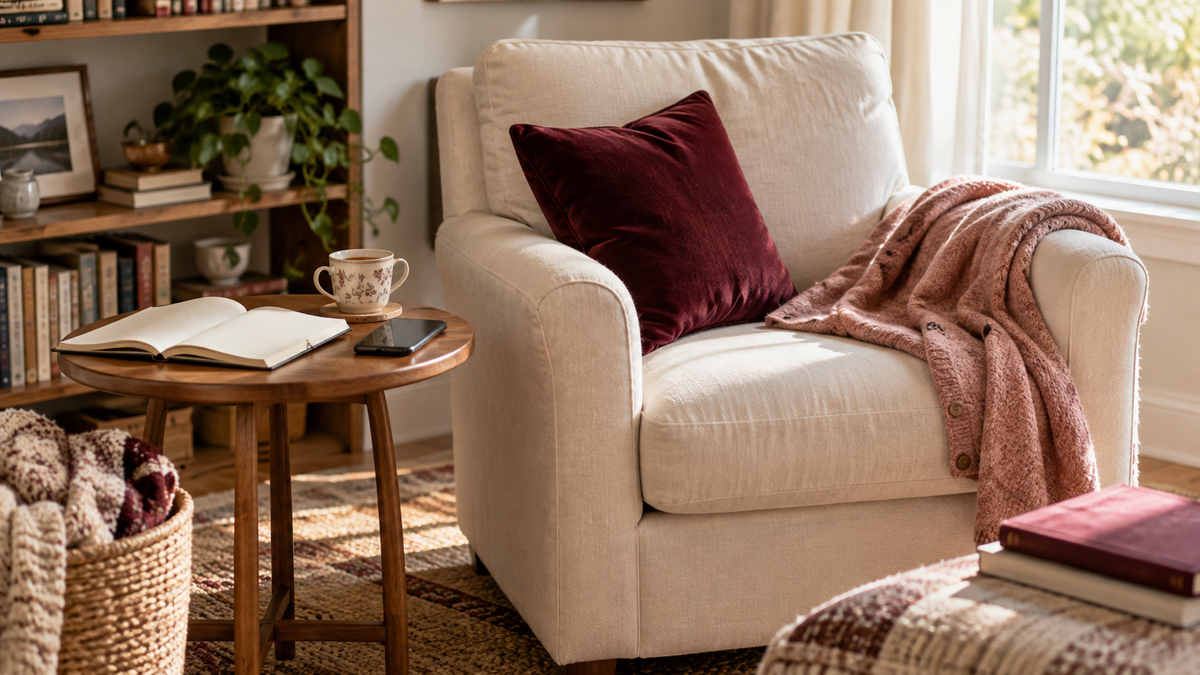 A quiet reading corner with an open journal, tea and a phone set aside, illustrating personal priorities without lifestyle pressure