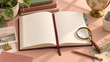 Open reference book, index tabs and magnifying glass illustrating a starting point for organized research