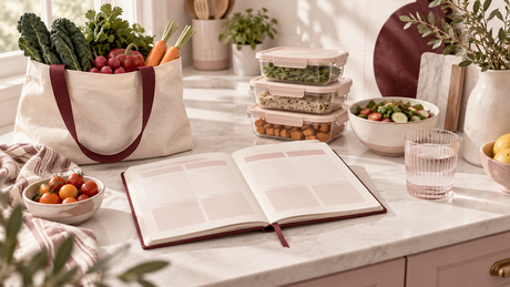 Blank meal planner, groceries, food containers, and water on a softly lit kitchen counter