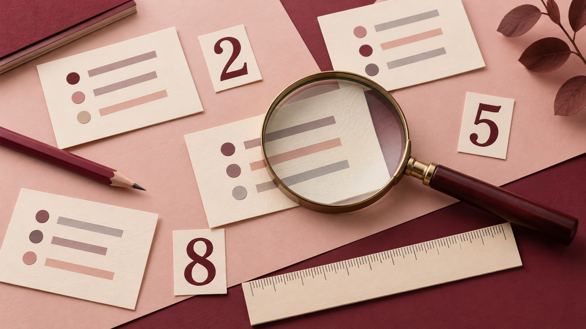 Loose numerals, source cards, a ruler and magnifying glass illustrating the need for context around numerical claims