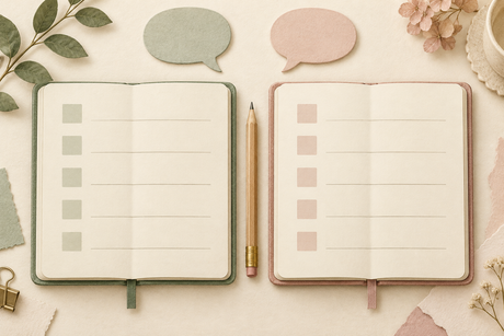 Wordless research illustration with two notebooks arranged for parallel comparison questions