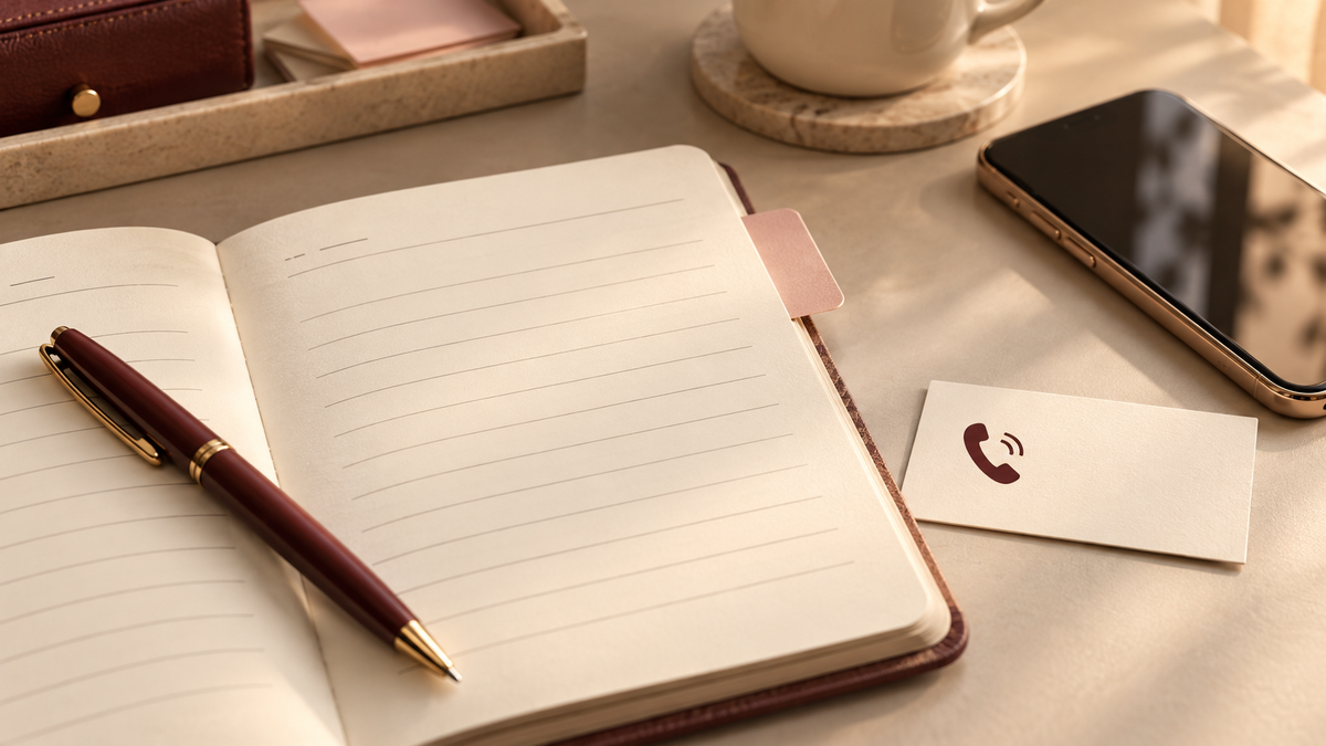 Notebook and contact card for preparing clear questions for an individual conversation
