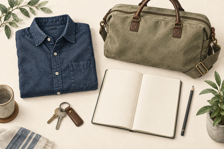 People-free illustration with a navy shirt, canvas bag, keys and blank journal for personal routine planning