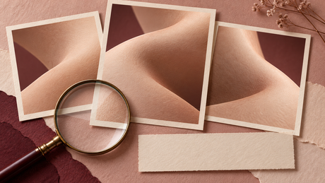 Abstract photo cards and magnifying glass illustrating the importance of context when reading skin-related stories