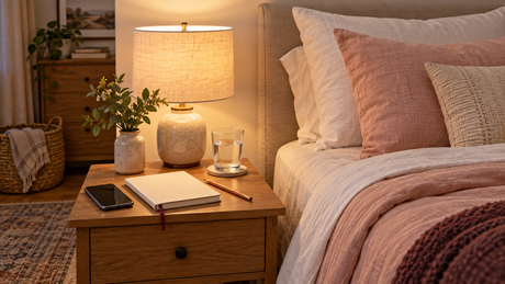 People-free bedroom with a notebook, phone and everyday bedside items for discussing room organization