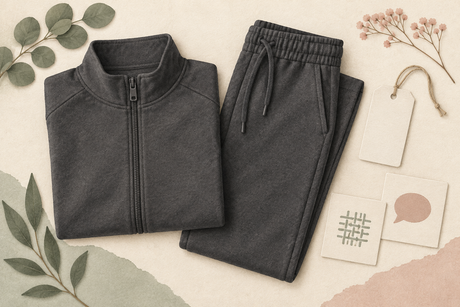 Wordless clothing-research illustration with folded charcoal sportswear, a tag and fabric and speech symbols