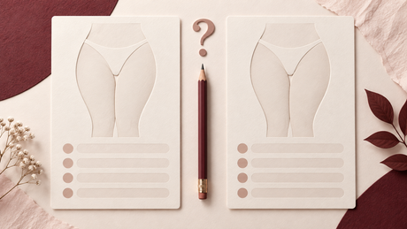 Two matching thigh silhouettes on comparison cards with a pencil and question mark for organizing research