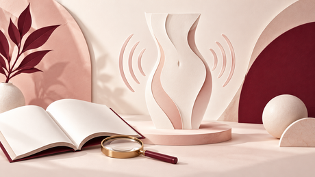 Wordless abstract waist sculpture with sound-wave arcs and an open book